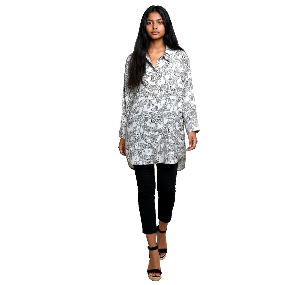 Asos Women's Novelty Tiger Top Blouse Tunic 12 Black White Button Up Artsy Funky